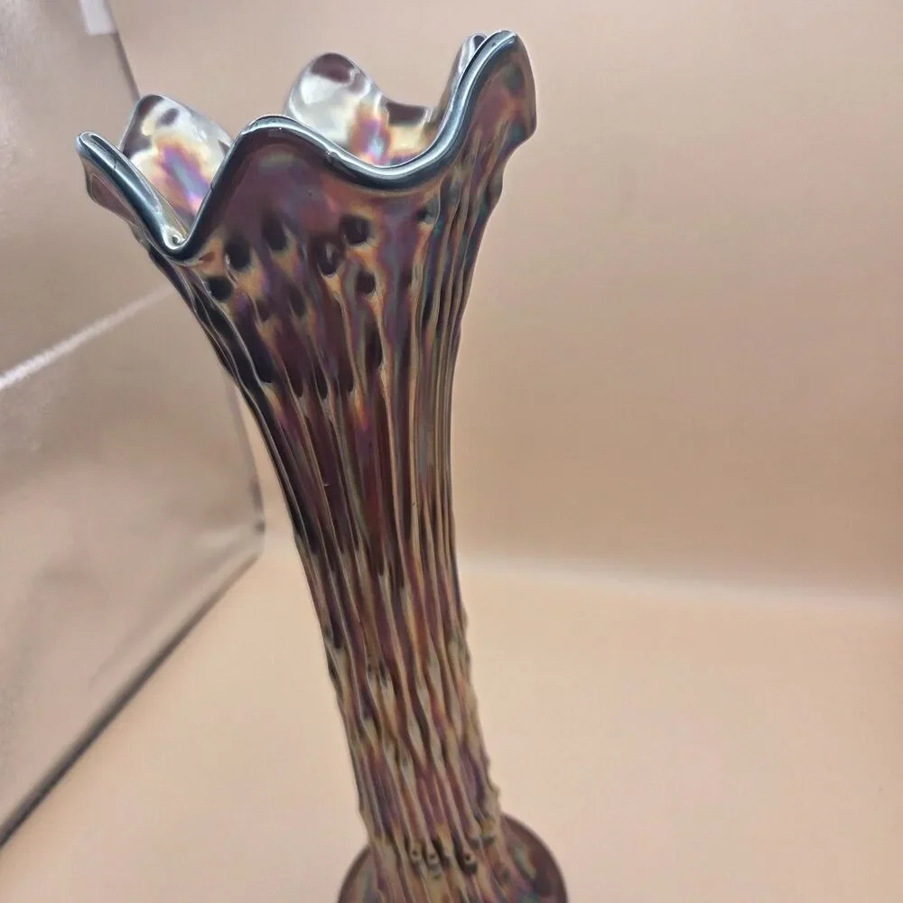Iridescent Art Glass Ruffled Trumpet Vase Glossy Purple Multicolor 11